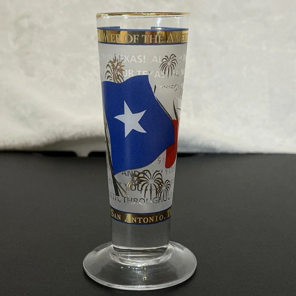 San Antonio Texas Footed Tall Stem Shot Glass Souvenir State Flag Gold Accents